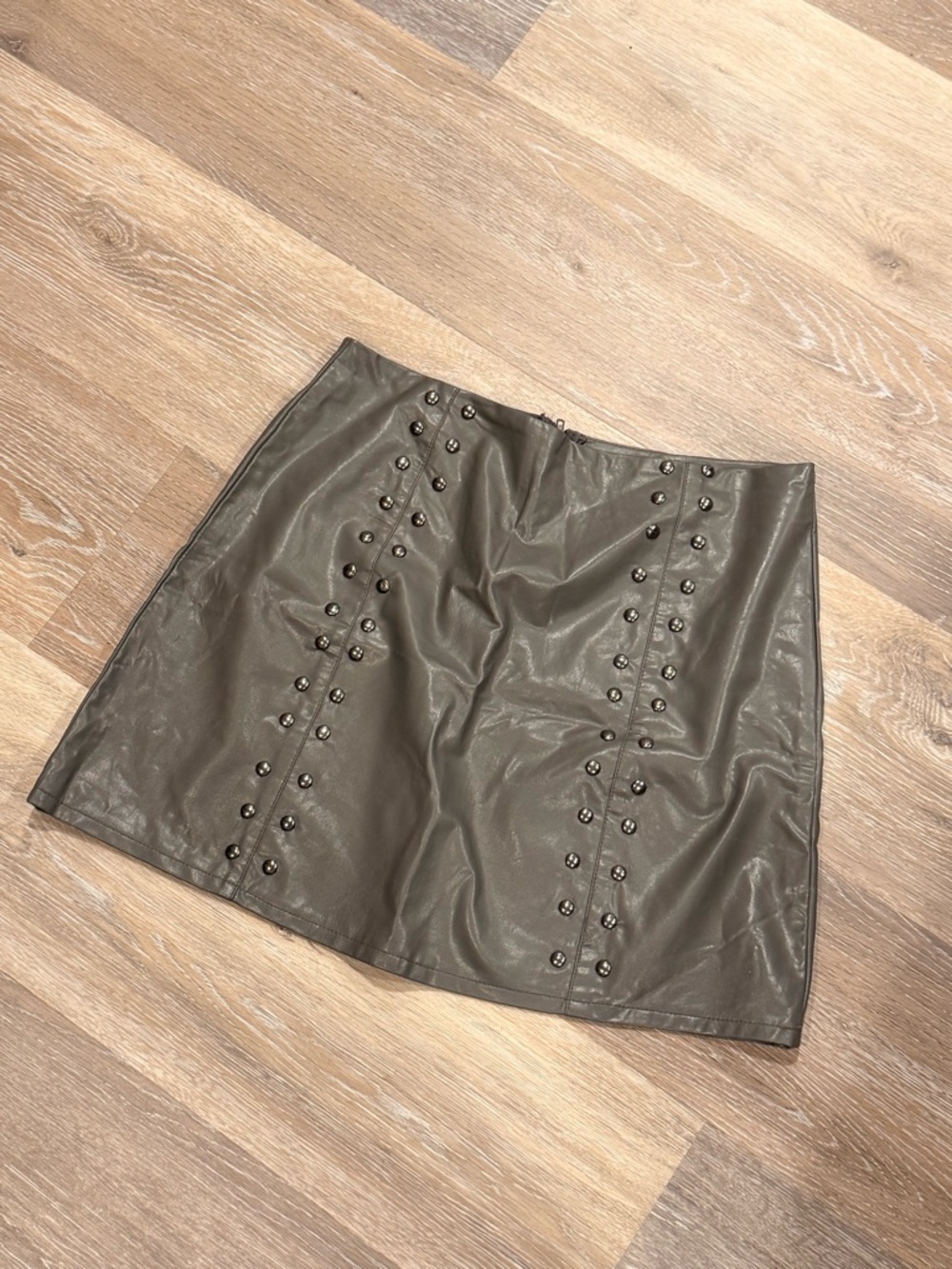 Grey Faux Leather Mini Skirt w/ gunmetal stud detailing